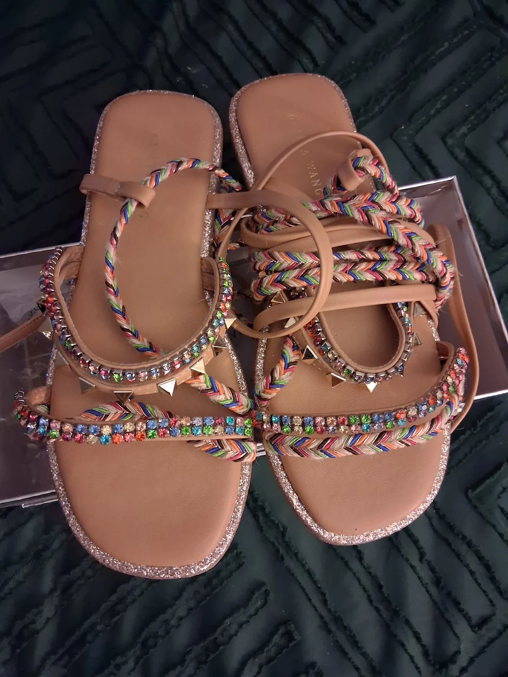 AKIRA Gold Multicolor Braided Gemstone Wrap Sandals